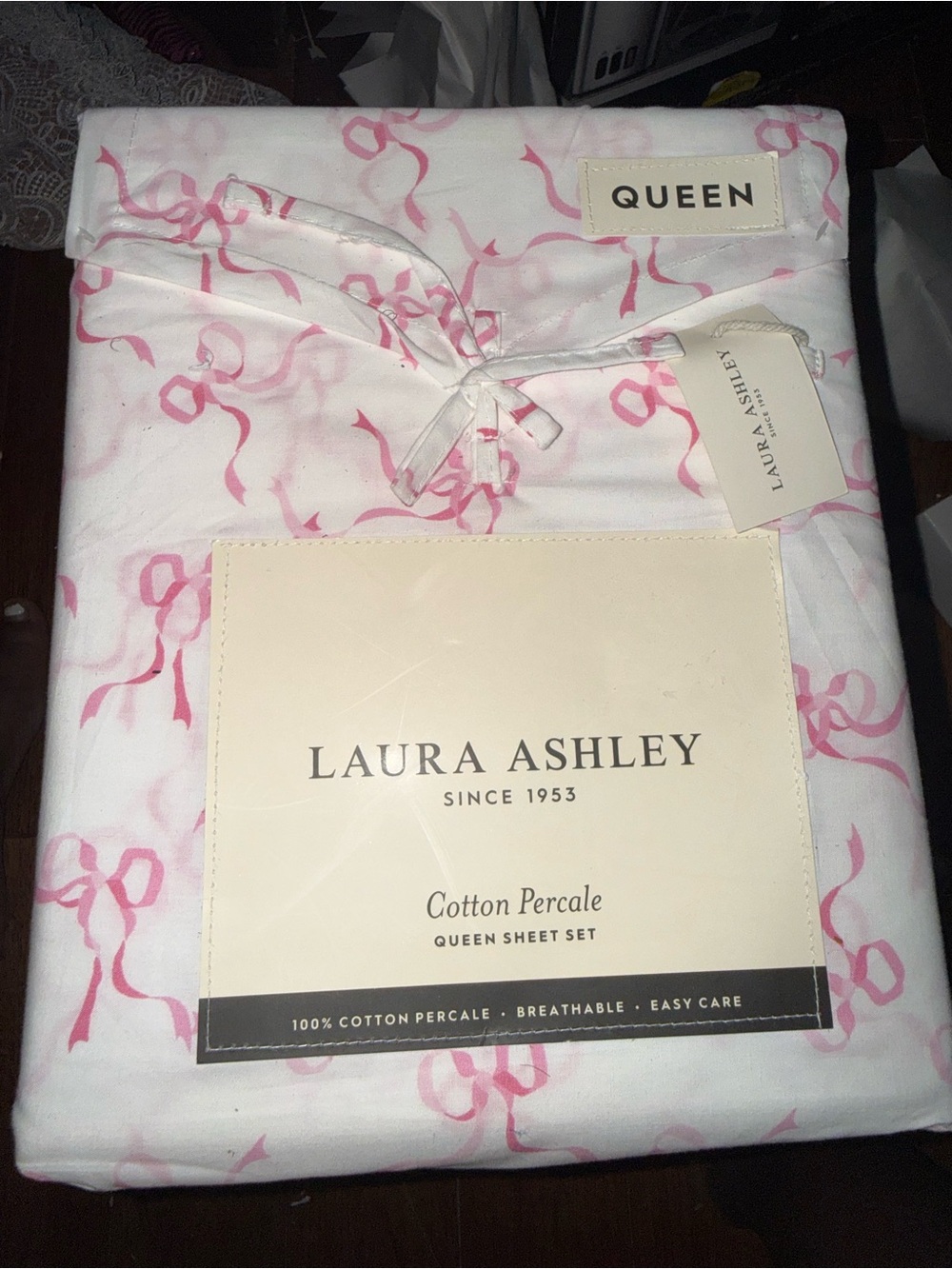 Laura Ashley Cotton Percale Sheet Set in Pink Ribbon Motif